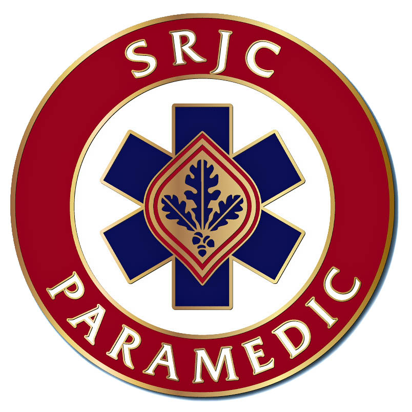 SRJC Paramedic Pin with white lettering against a red background